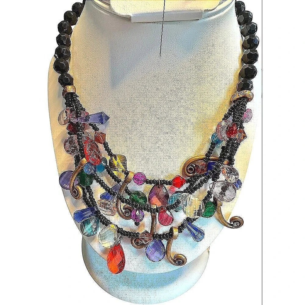 NWOT Bohemian Multi Color Crystal Beaded Statement Necklace with Bronze Accents - Picture 4 of 4